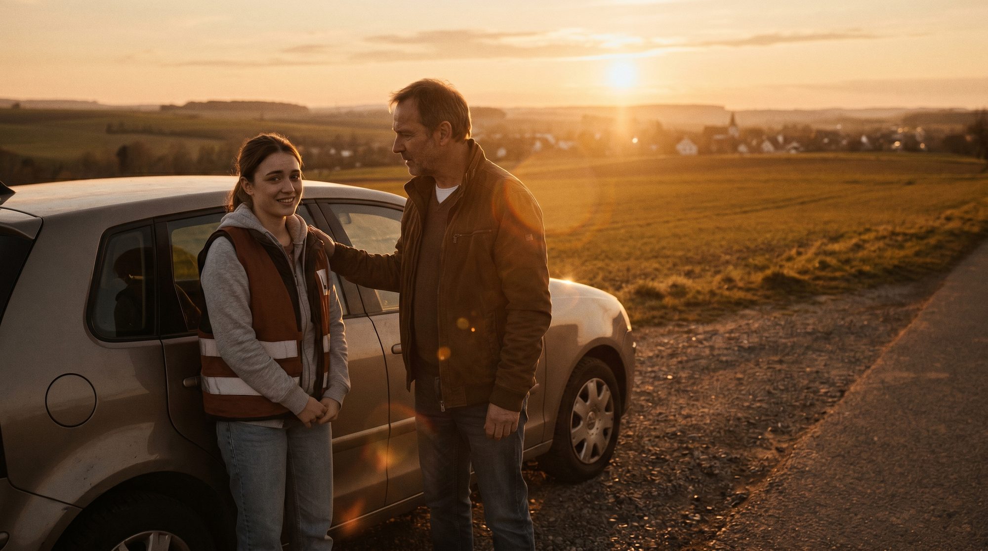 Fahrlehrer und Schülerin am Auto bei Sonnenuntergang über einem Feld